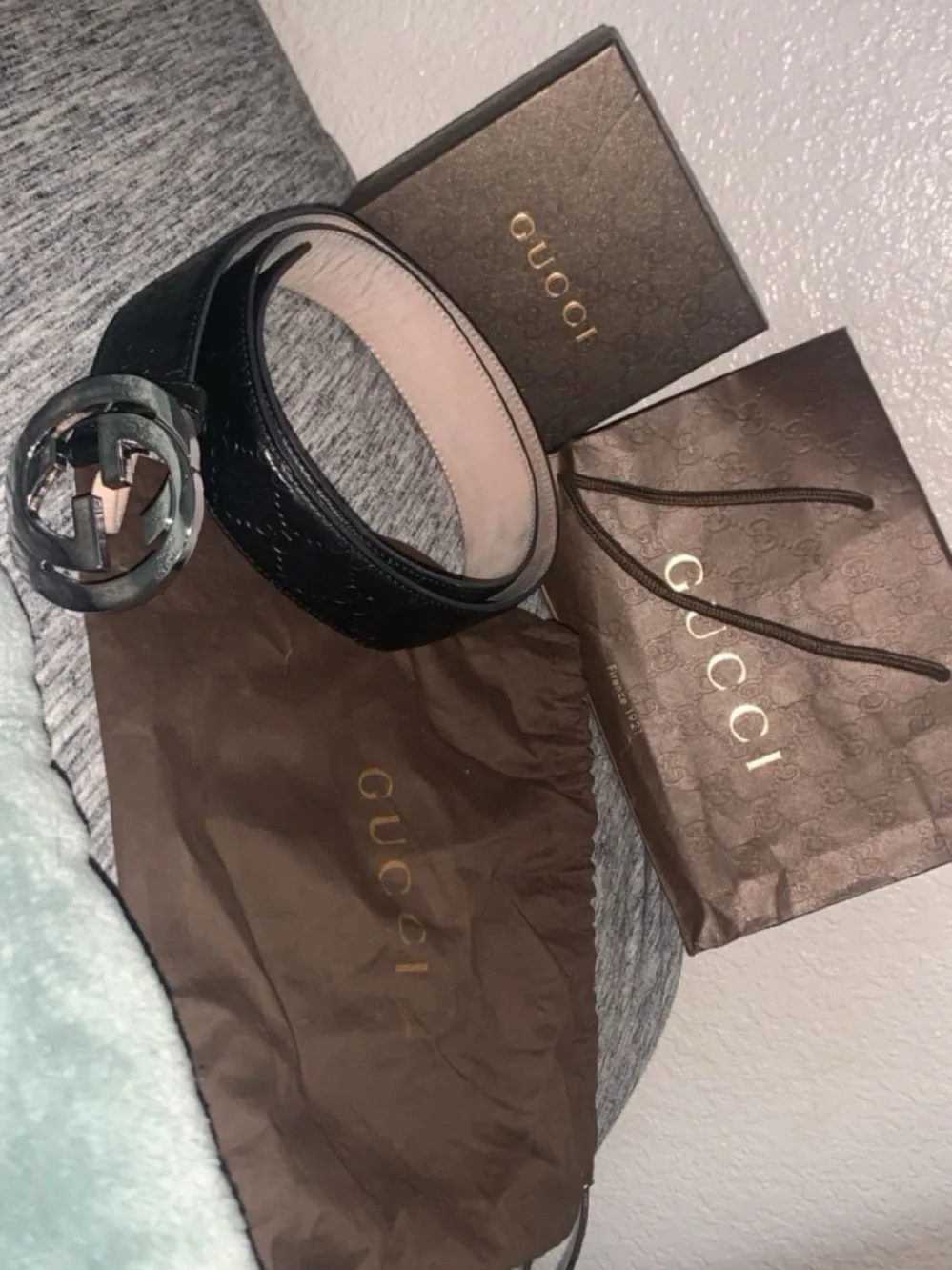 Gucci Black Leather GG Embossed Belt with Silver Double G Buckle